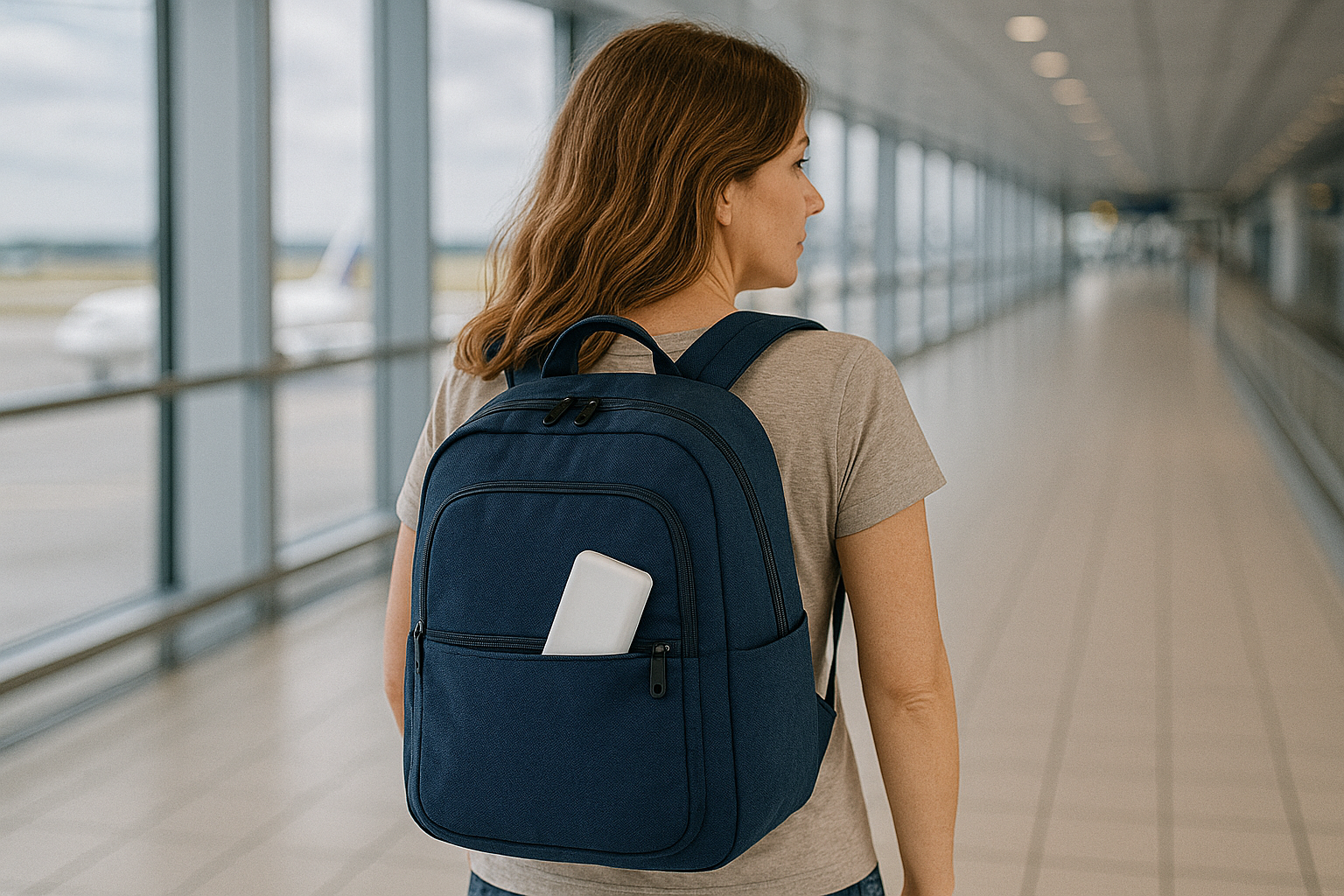 woman at the airport with a powerbank in her backpack